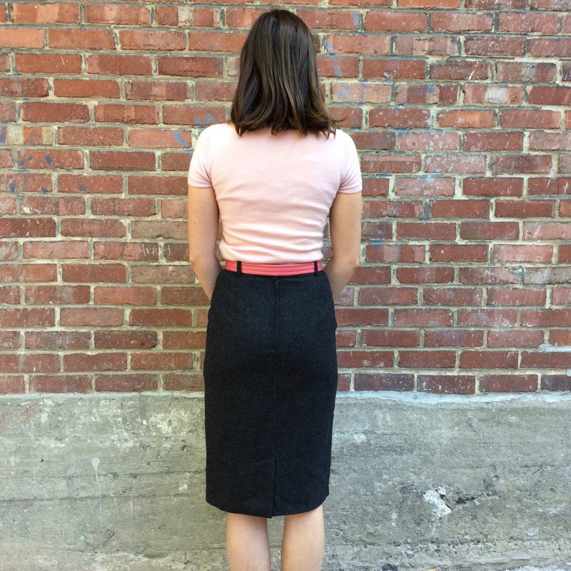 Back View of 1980's Charcoal Grey Wool Pencil Skirt with Side Detailing, sold by bohemevintage.com Montréal