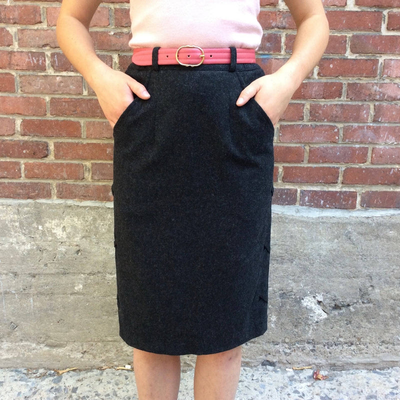 1980's Charcoal Grey Wool Pencil Skirt with Side Detailing, sold by bohemevintage.com Montréal