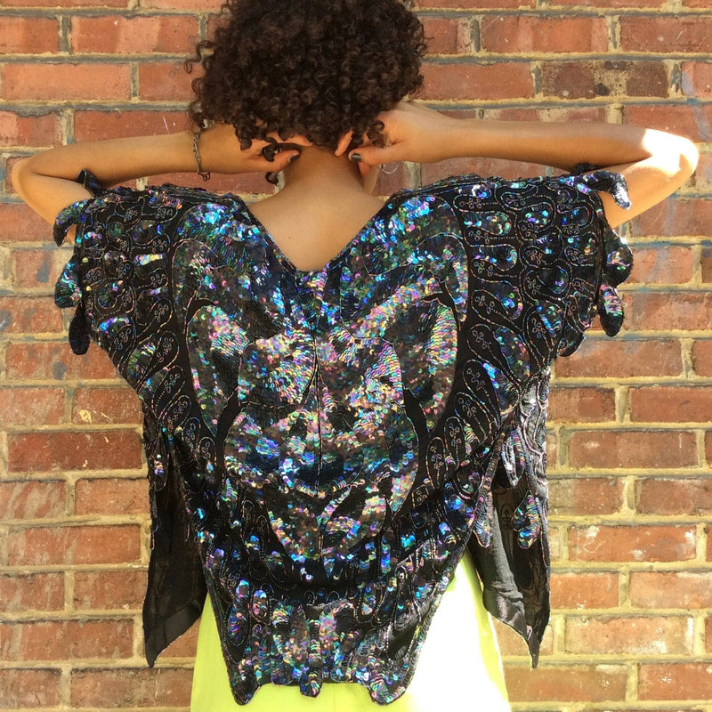 Back view 1980s-1990s Bombay inc. Beaded and sequin Butterfly shape evening top, for sale at bohemevintage.com Montréal