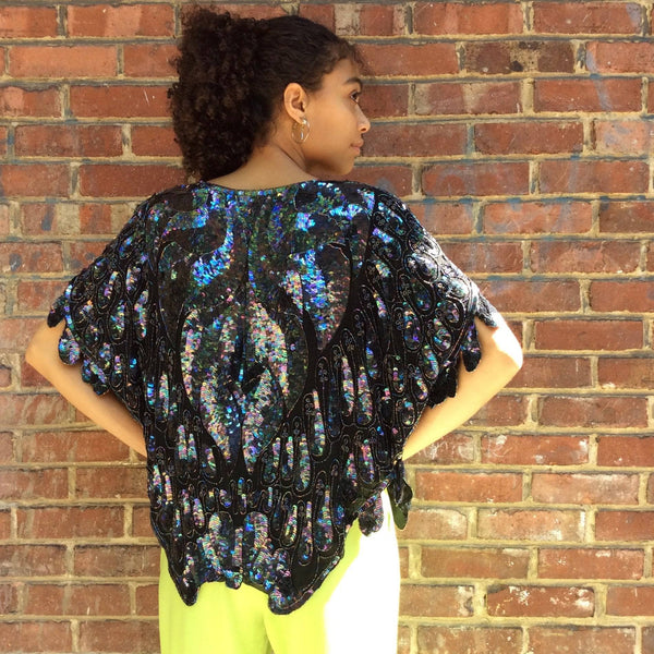 Back View of 1980s-1990s Bombay inc. Beaded and sequin Butterfly shape evening top, for sale at bohemevintage.com Montréal