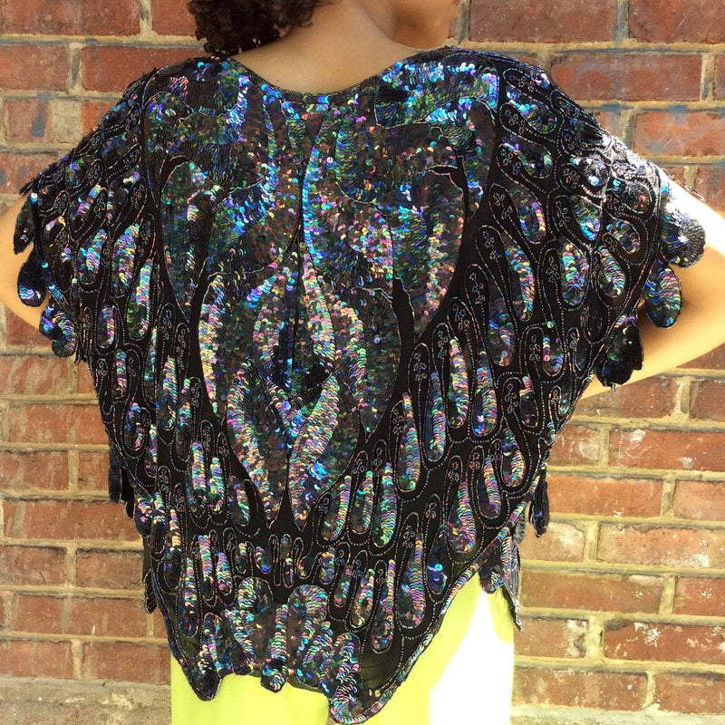 Close-Up of 1980s-1990s Bombay inc. Beaded and sequin Butterfly shape evening top, for sale at bohemevintage.com Montréal