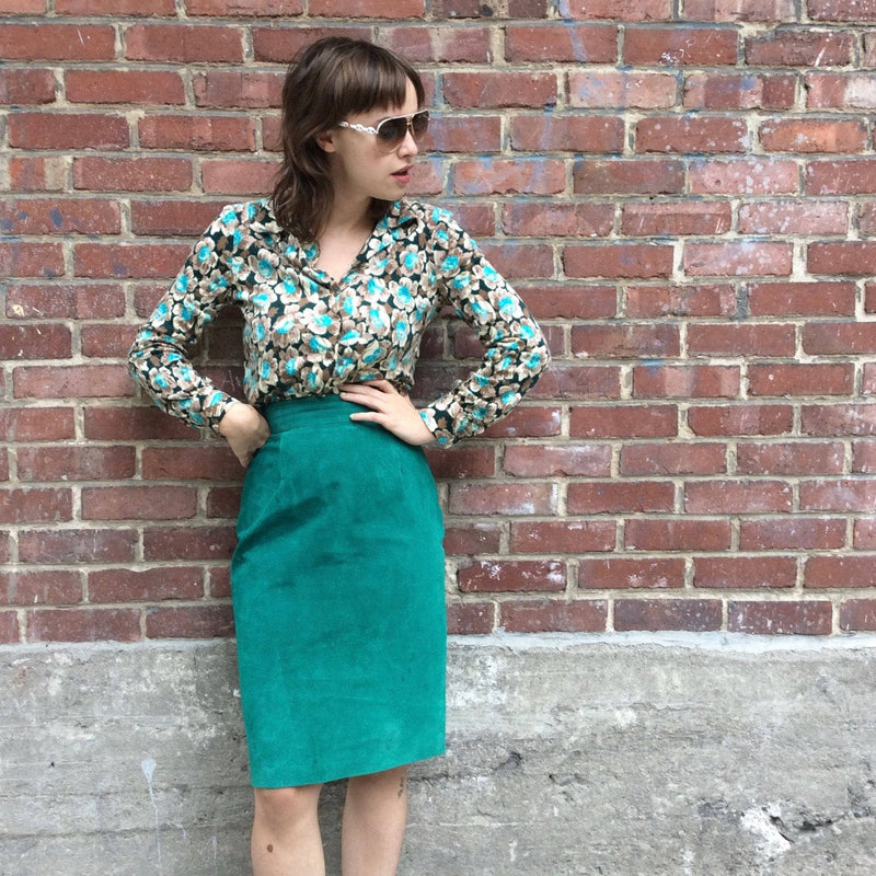 Green and grey suede colour block blazer and skirt two piece set Sold by bohemevintage.com
