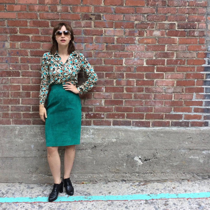 Green and grey suede colour block blazer and skirt two piece set Sold by bohemevintage.com