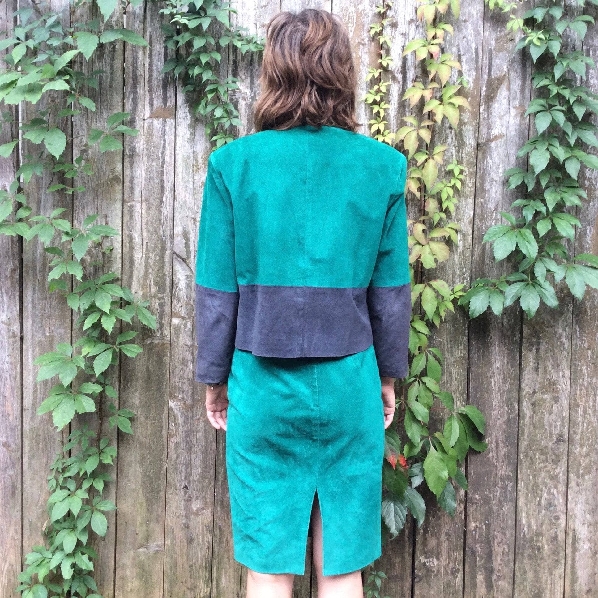  Green and grey suede colour block blazer and skirt two piece set Sold by bohemevintage.com