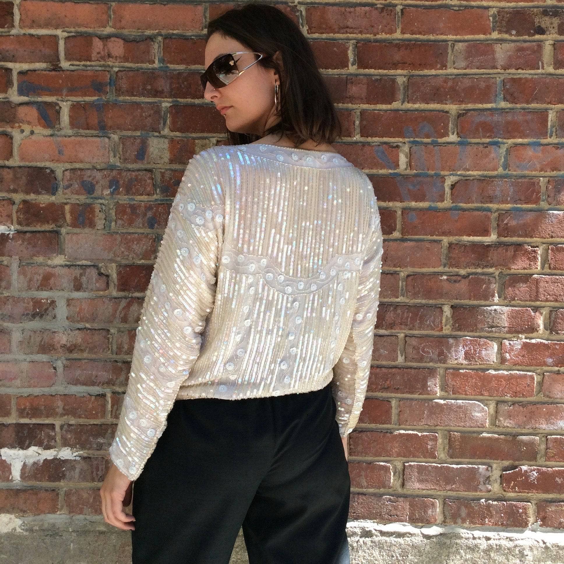 Back view of 1980s-1990s Ivory Beaded and Sequin Silk Top Size Small-Medium sold by bohemevintage.com Montreal