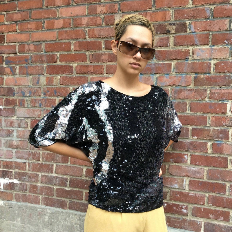 1980s 1990s Beverley Sequin and Beaded Black Silver Top Size Small, sold by bohemevintage.com Montréal