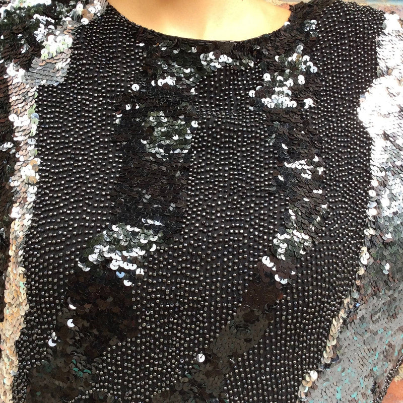 Close-Up of Fabric Design of 1980s 1990s Beverley Sequin and Beaded Black Silver Top Size Small, sold by bohemevintage.com Montréal