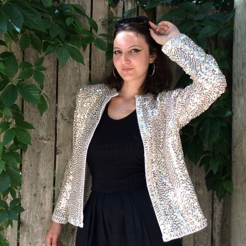 1980s/1990s Silver and Gold Sequin Short Jacket Size Medium, sold by bohemevintage.com Montreal
