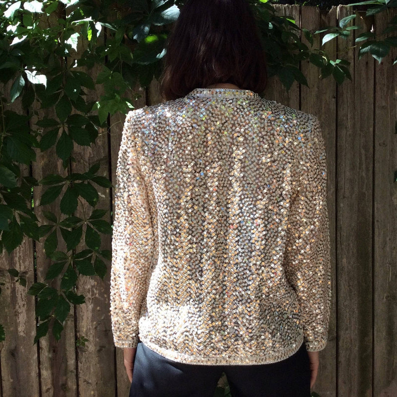 Back View of 1980s/1990s Silver and Gold Sequin Short Jacket Size Medium, sold by bohemevintage.com Montreal