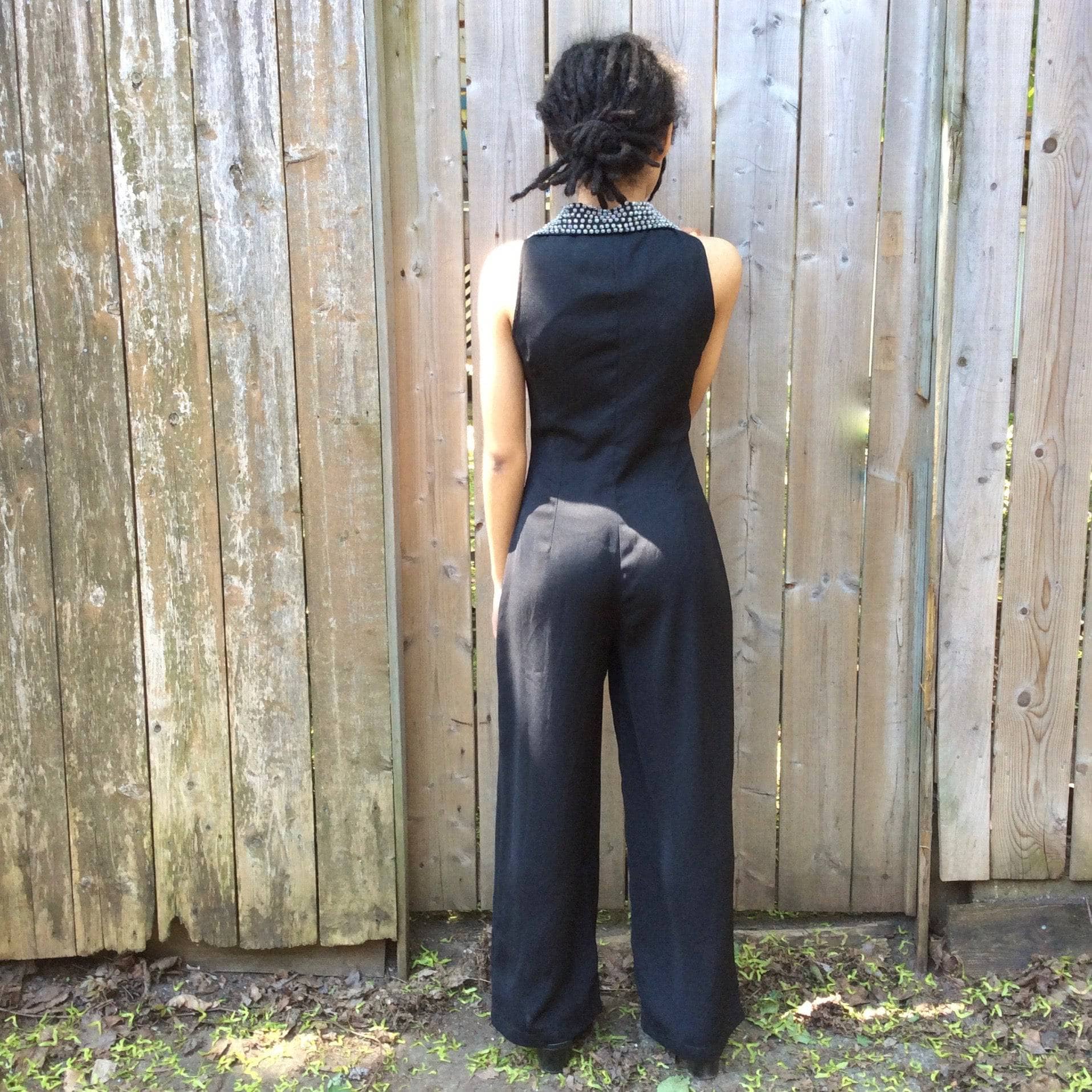 Back view of 1980s-90s Beaded Collar Black Jumpsuit Size extra small-Small Sold by bohemevintage.com Montreal