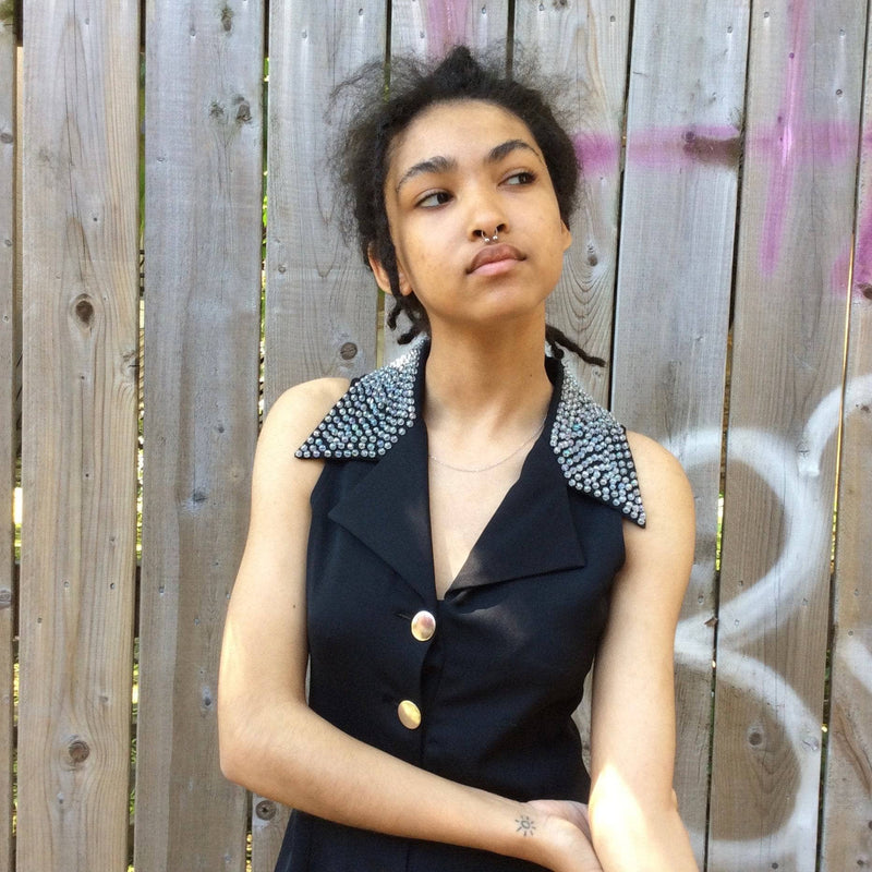 Close-up view of 1980s-90s Beaded Collar Black Jumpsuit Size extra small-Small Sold by bohemevintage.com Montreal