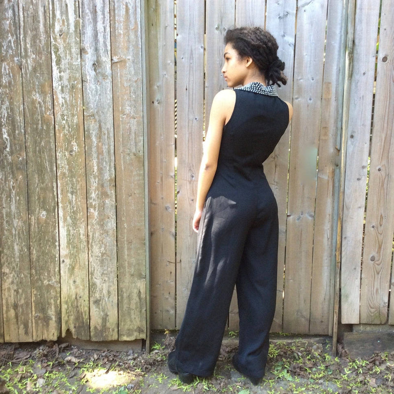 Back view of 1980s-90s Beaded Collar Black Jumpsuit Size extra small-Small Sold by bohemevintage.com Montreal