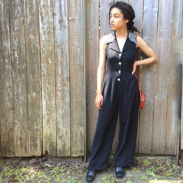 1980s-90s Beaded Collar Black Jumpsuit Size extra small-Small Sold by bohemevintage.com Montreal