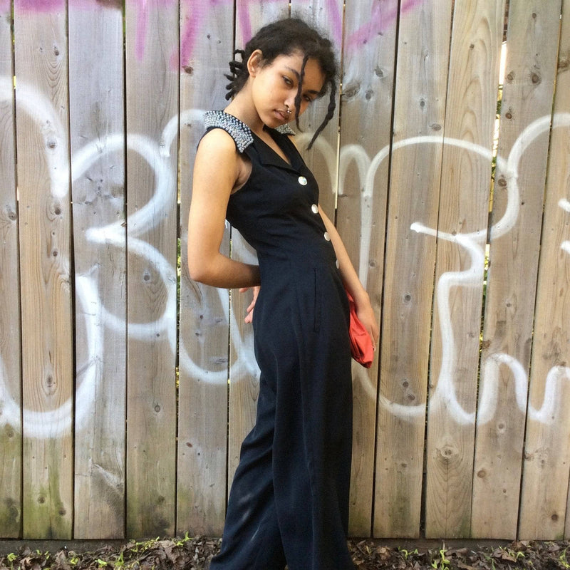 Side view of 1980s-90s Beaded Collar Black Jumpsuit Size extra small-Small Sold by bohemevintage.com Montreal