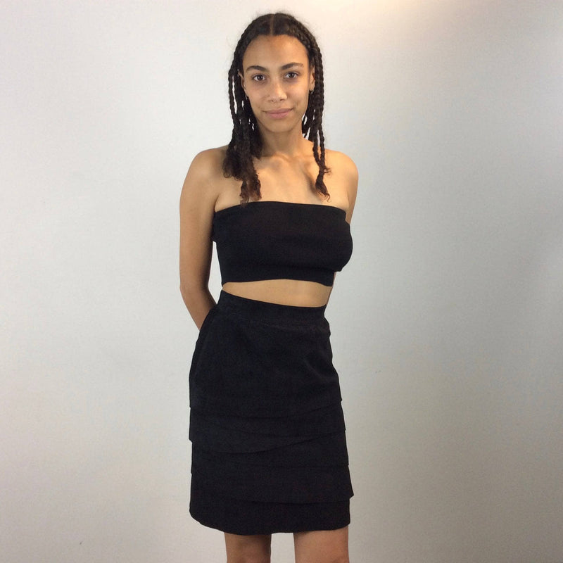  1980s-90s High Waist Black Layered Suede Skirt Size Small sold by bohemevintage.com Montreal