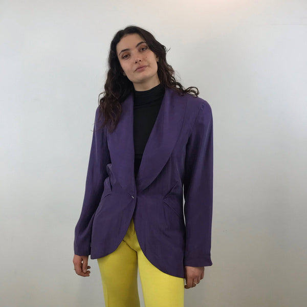 1980s Anne Pinkerton Deep Cut Purple Silk Blazer size Medium sold by bohemevintage.com