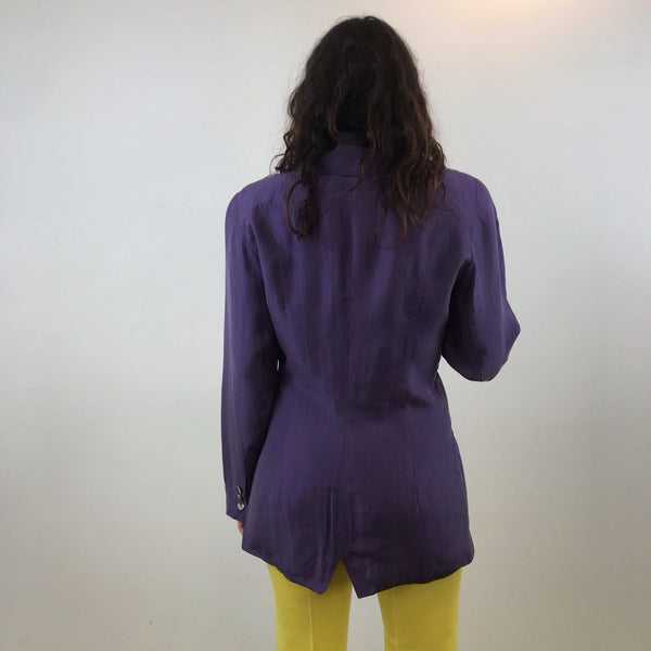 Back view of 1980s Anne Pinkerton Deep Cut Purple Silk Blazer size Medium sold by bohemevintage.com