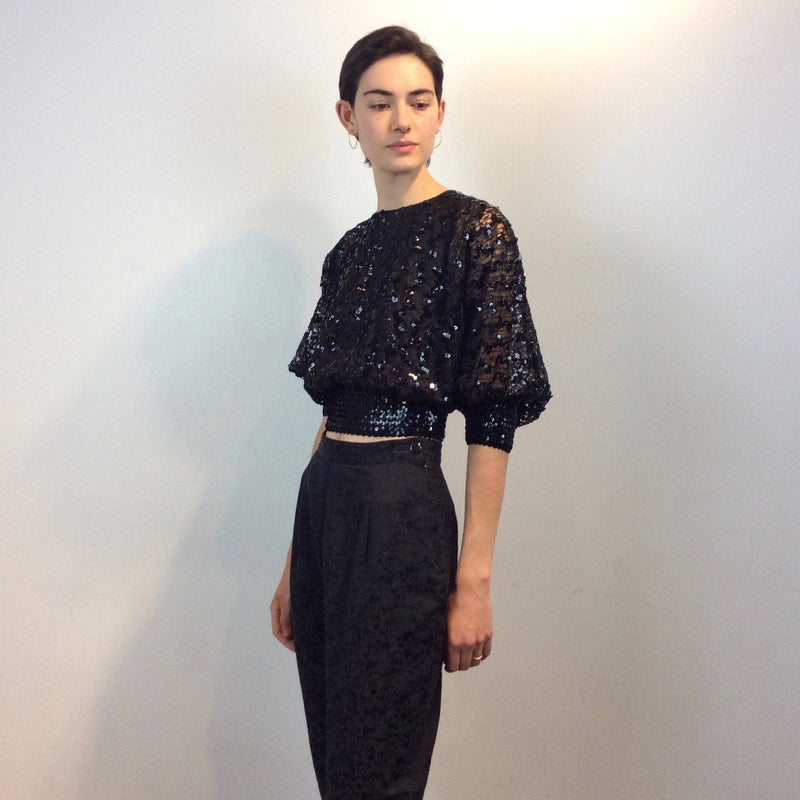 1980s Batwing Sleeve Lace and Sequin Black Top Size small-Medium sold by bohemevintage.com Montreal