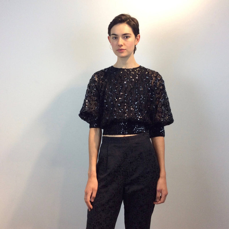 1980s Batwing Sleeve Lace and Sequin Black Top Size small-Medium sold by bohemevintage.com Montreal