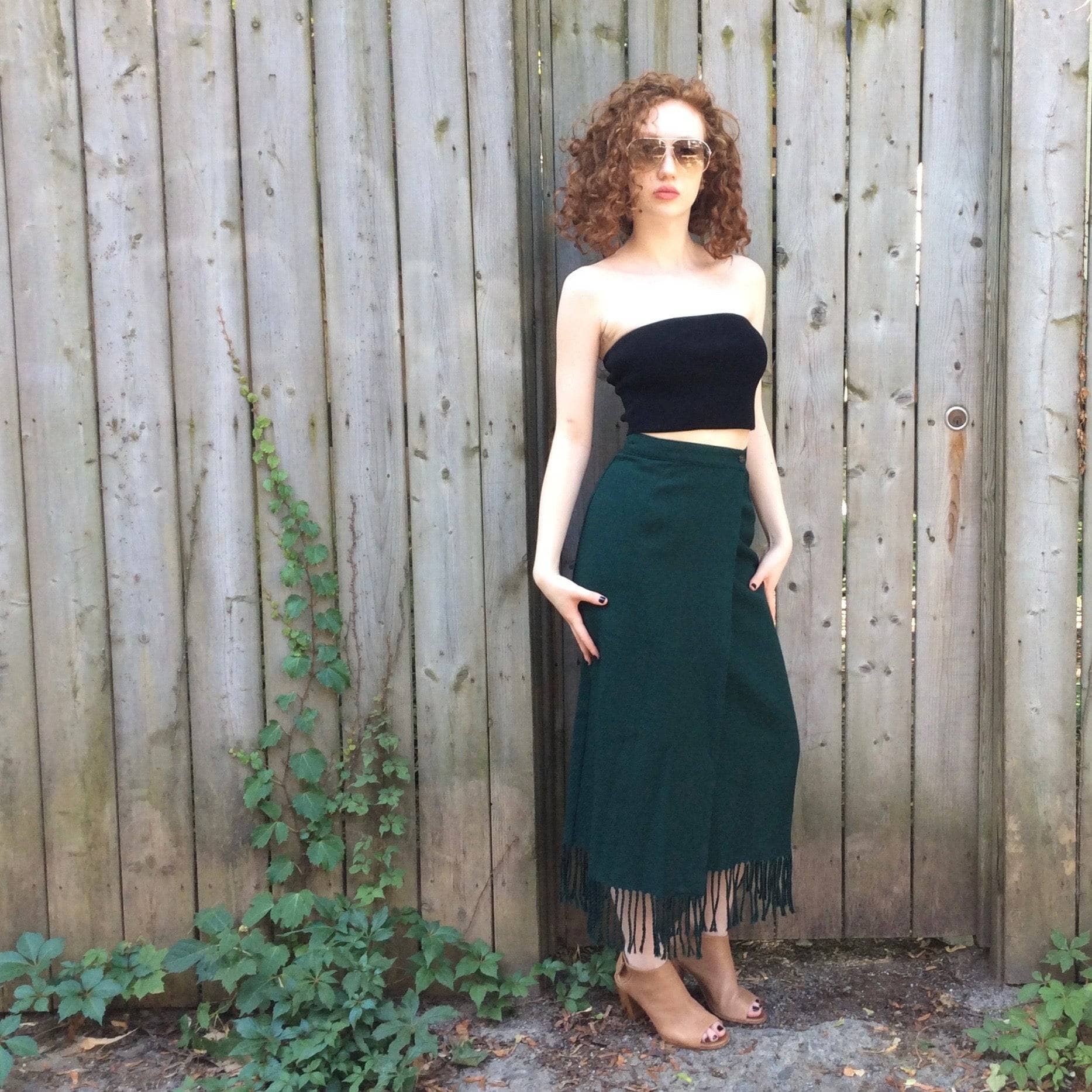 1980s "Benetton" High waist wrap fringe green Wool skirt, for sale at bohemevintage.com Montréal