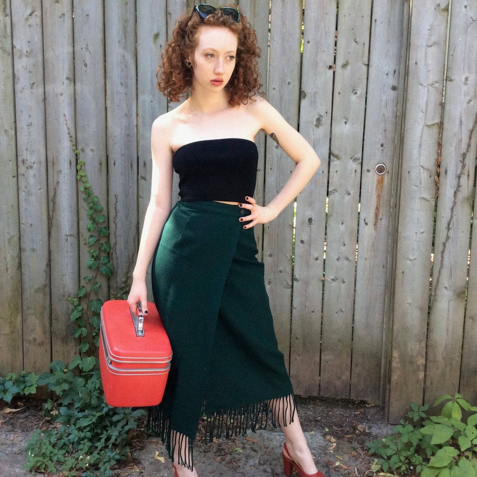 1980s "Benetton" High waist wrap fringe green Wool skirt, for sale at bohemevintage.com Montréal