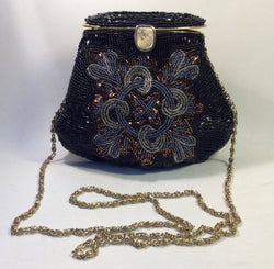 1980s Black Beaded Minaudiere Shoulder Evening Bag. Sold by bohemevintage.com