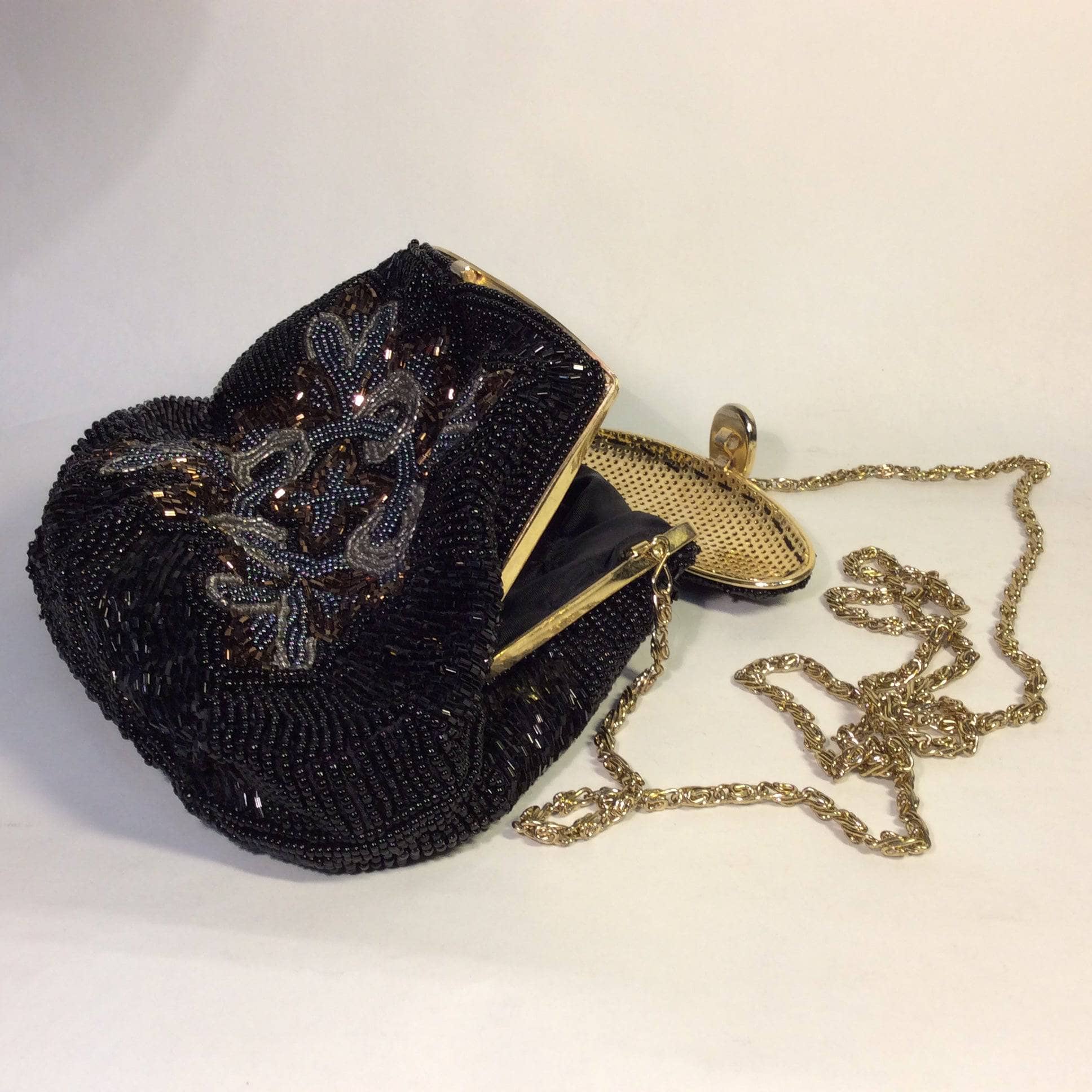 1980s Black Beaded Minaudiere Shoulder Evening Bag. Sold by bohemevintage.com