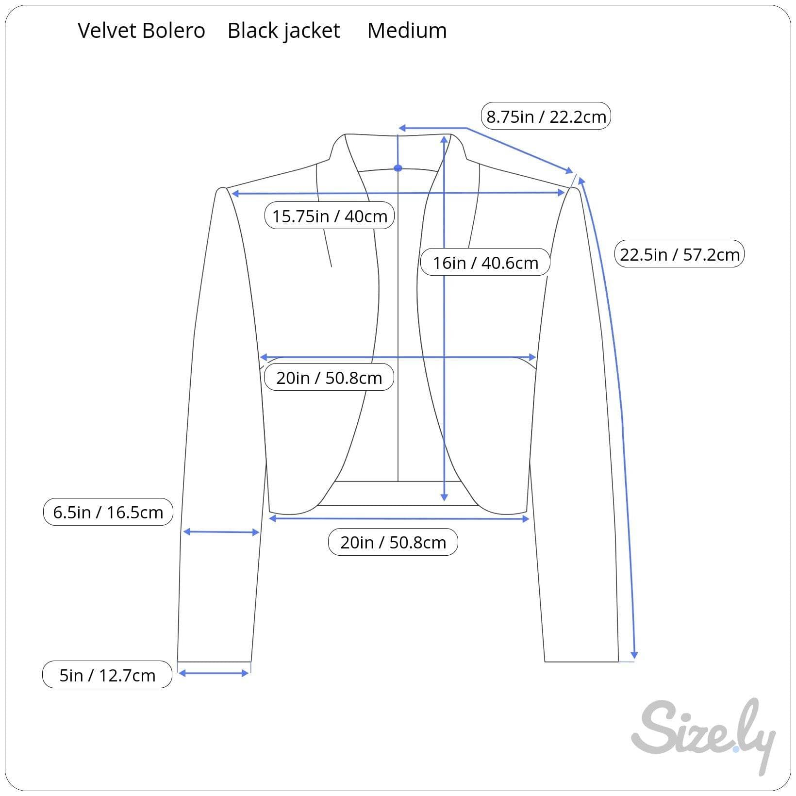 Measurements of 1980s Black Velvet Bolero Jacket size Medium sold by bohemevintage.com