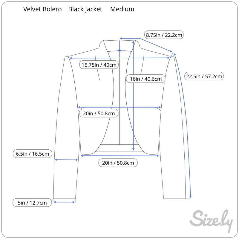 Measurements of 1980s Black Velvet Bolero Jacket size Medium sold by bohemevintage.com