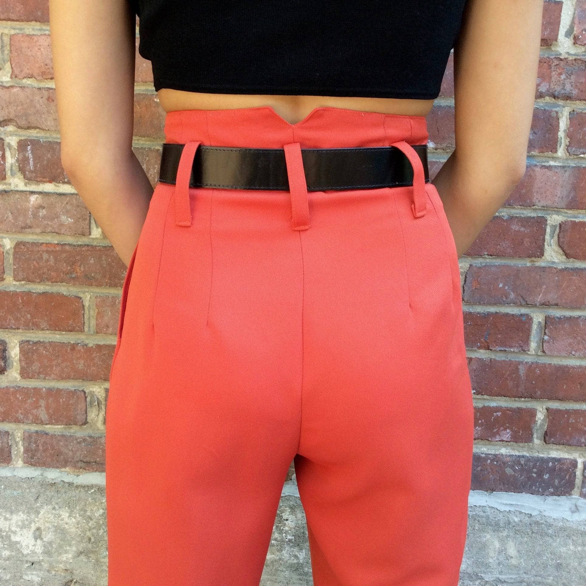 Back view of 1980s Brick Colour High Waisted tapered leg Pleated Pants Size small sold by bohemevintage.com