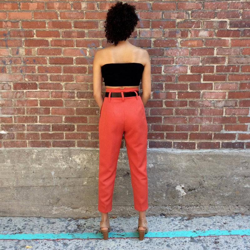 Back view of 1980s Brick Colour High Waisted tapered leg Pleated Pants Size small sold by bohemevintage.com