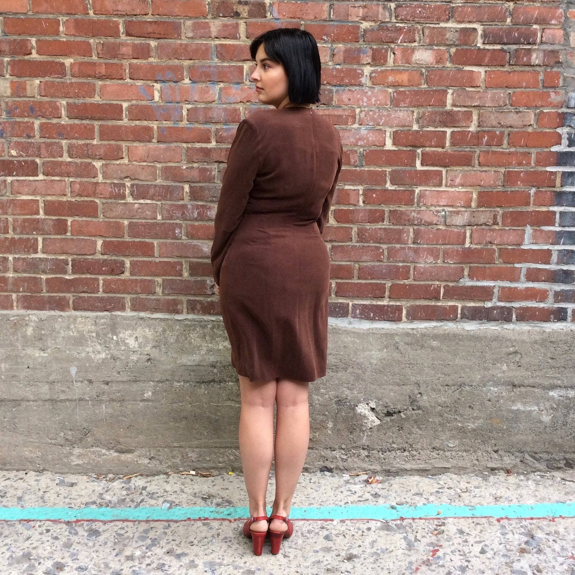 Back view of1980s Brown Long-Sleeve Wrap Silk Dress size Medium made in France by Mathilde J. Rondineau Paris size Medium sold by bohemevintage.com Montreal