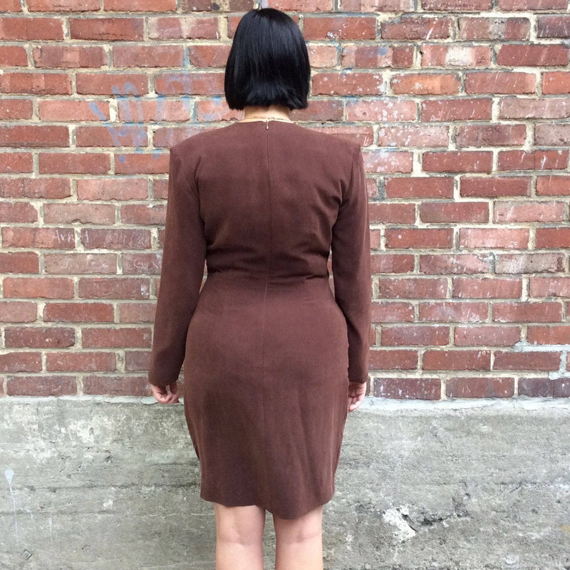 Back view of 1980s Brown Long-Sleeve Wrap Silk Dress size Medium made in France by Mathilde J. Rondineau Paris size Medium sold by bohemevintage.com Montreal