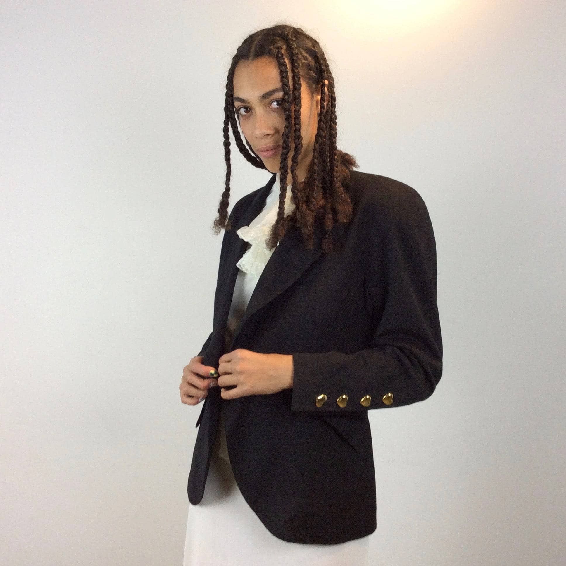 1980s Escada Black Wool Blazer Size Medium sold by bohemevintage.com