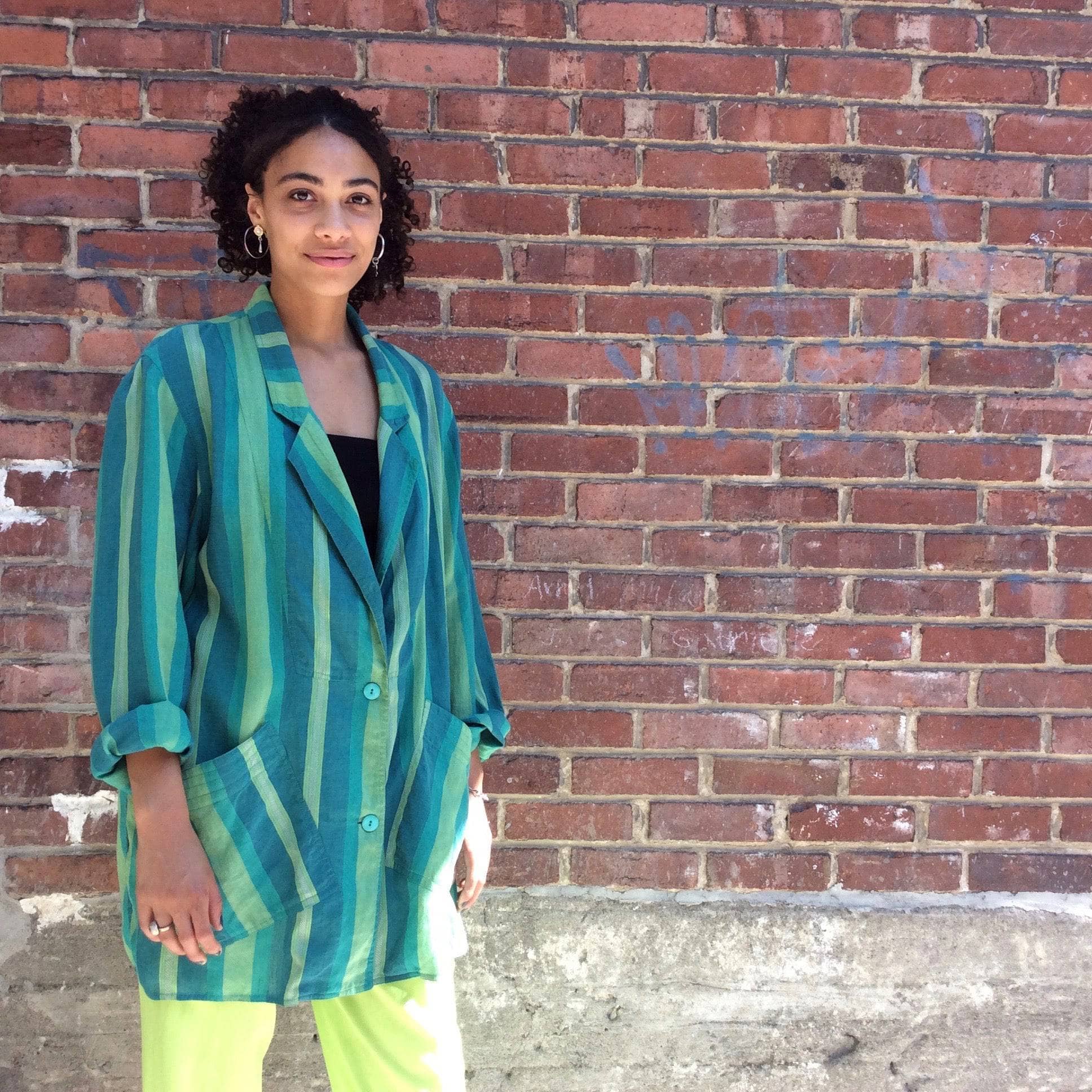 1980s "Giancarlo Ricci" Designer Unstructured Oversize Striped Green Blazer , sold by bohemevintage.com Montréal