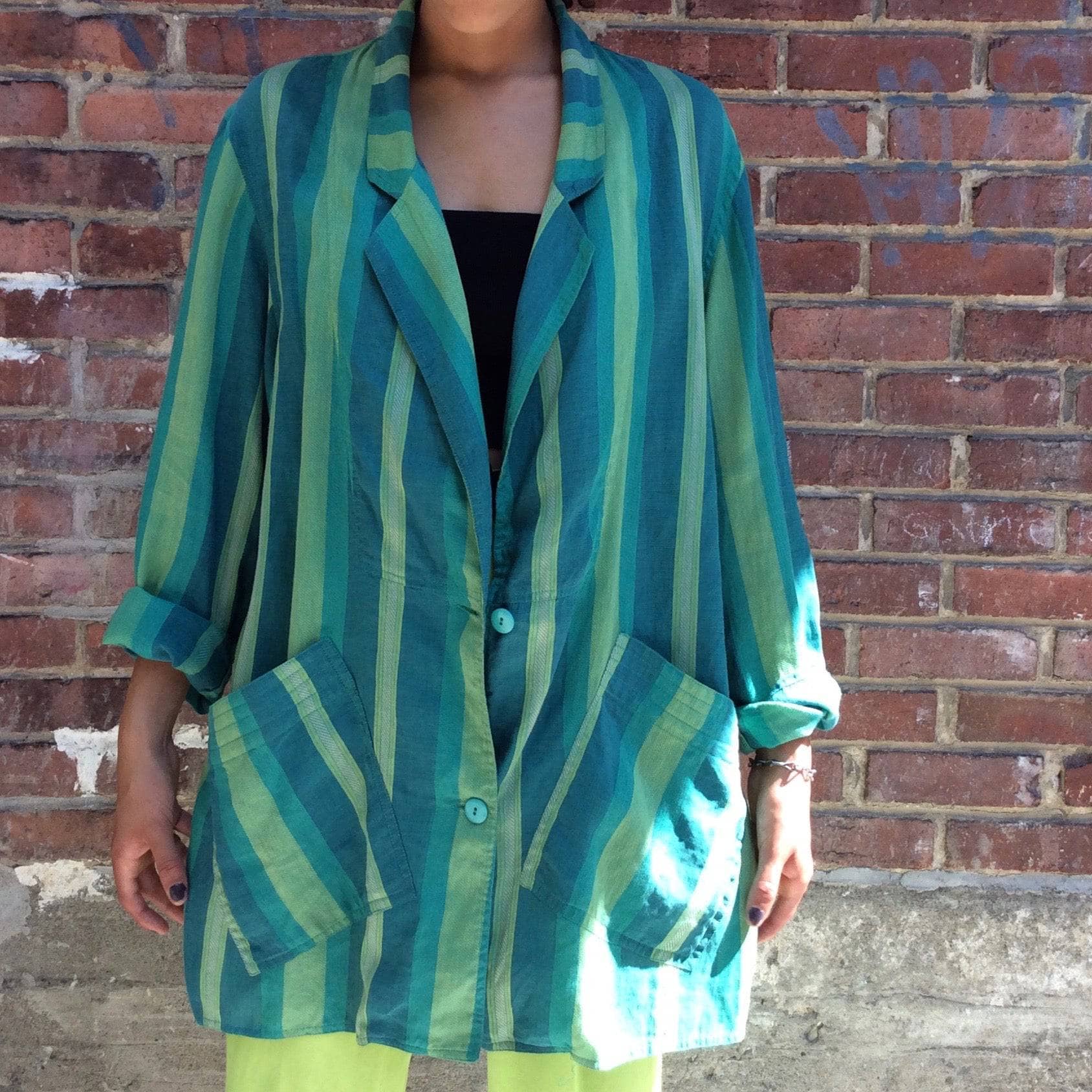 1980s "Giancarlo Ricci" Designer Unstructured Oversize Striped Green Blazer , sold by bohemevintage.com Montréal