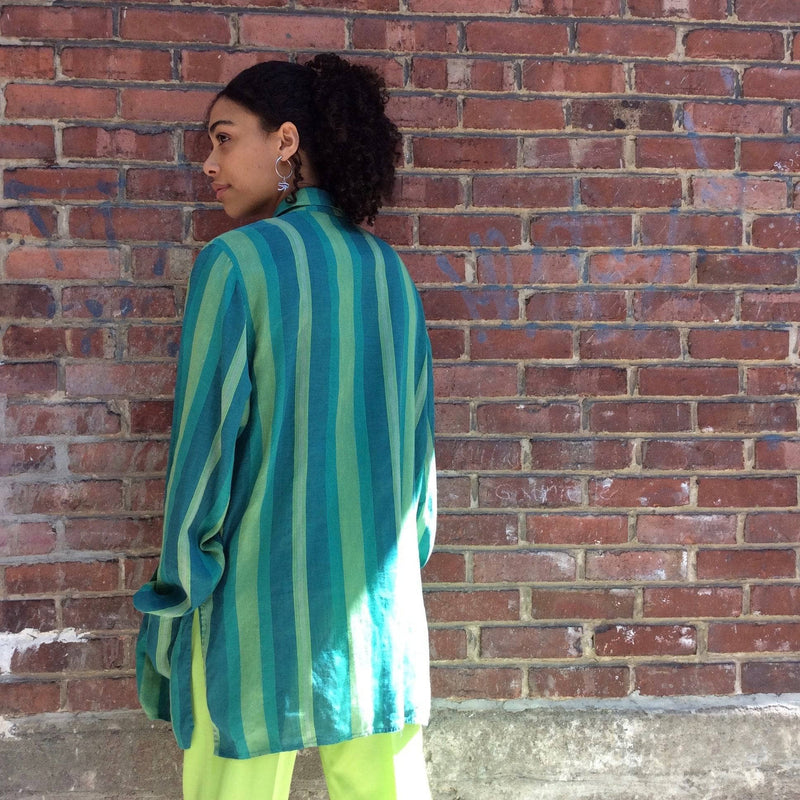 Back view of 1980s "Giancarlo Ricci" Designer Unstructured Oversize Striped Green Blazer , sold by bohemevintage.com Montréal