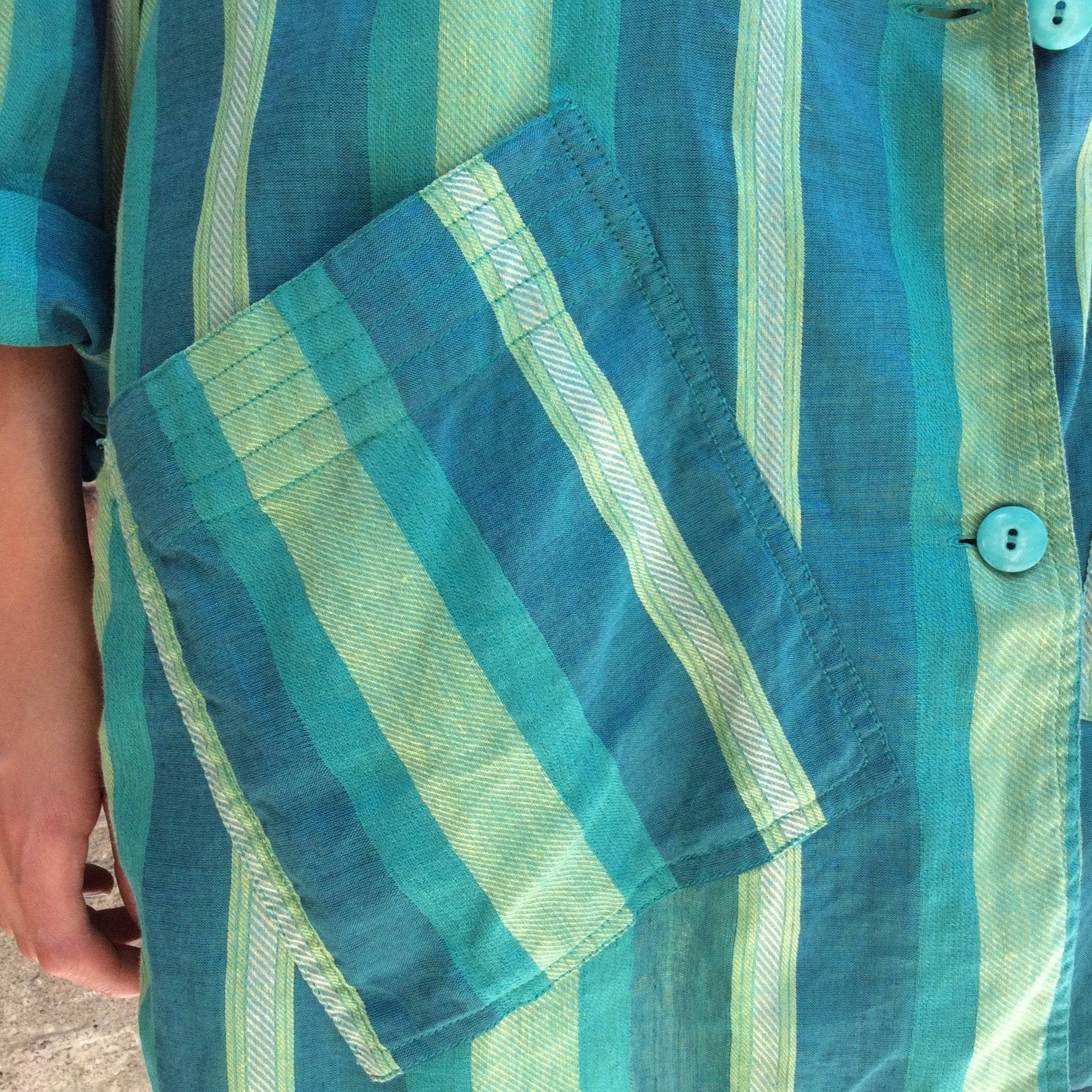 Close-Up of Pocket  of 1980s "Giancarlo Ricci" Designer Unstructured Oversize Striped Green Blazer , sold by bohemevintage.com Montréal