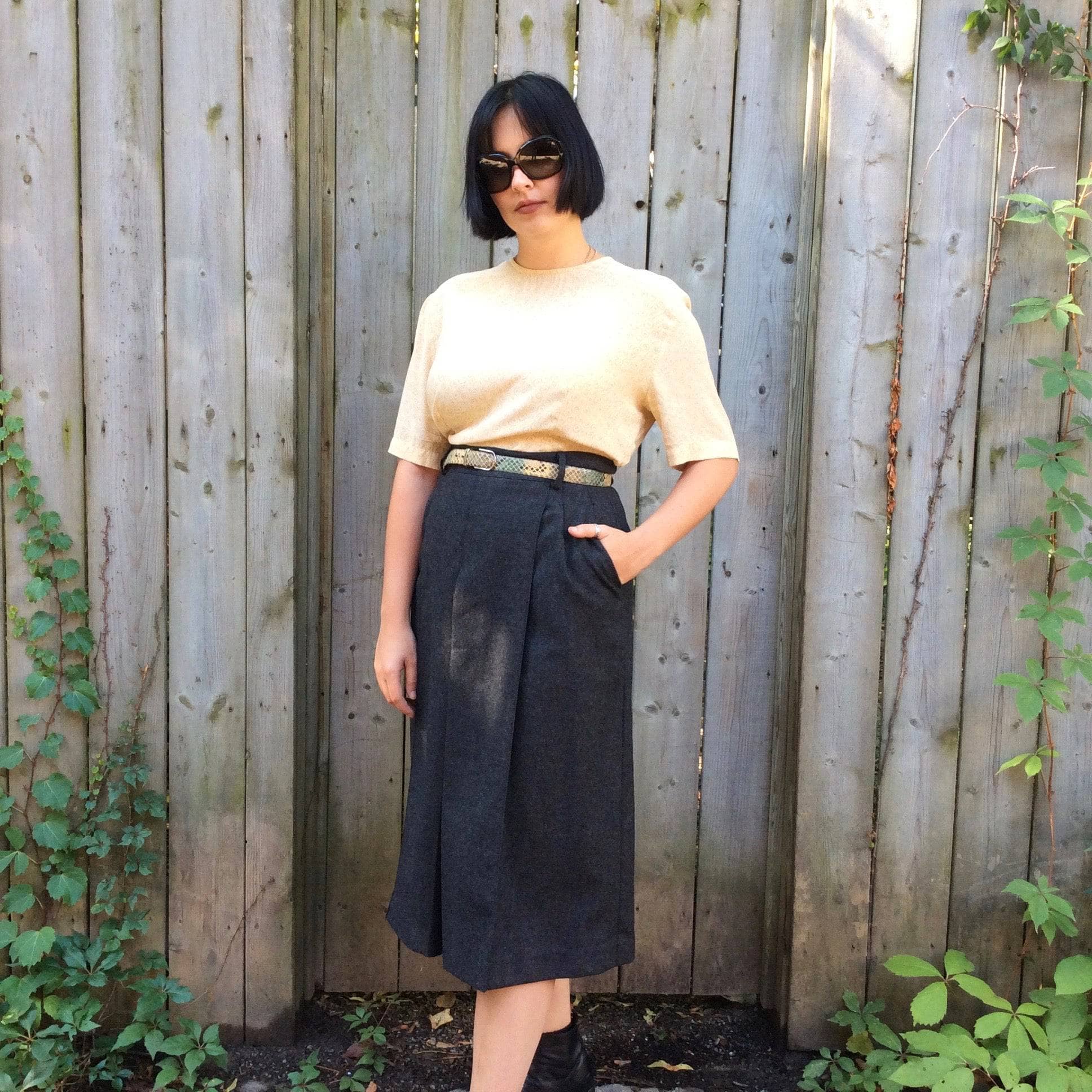 High waisted charcoal grey wool gaucho trousers