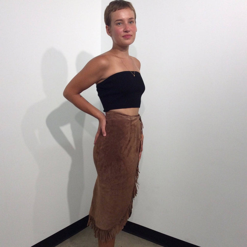 1980s High-Waist Fringed Midi length Brown Suede Wrap Skirt 