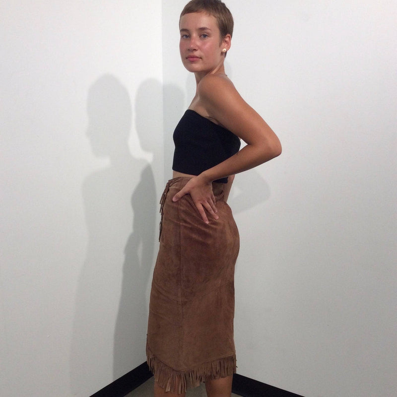 1980s High-Waist Fringed Midi length Brown Suede Wrap Skirt 