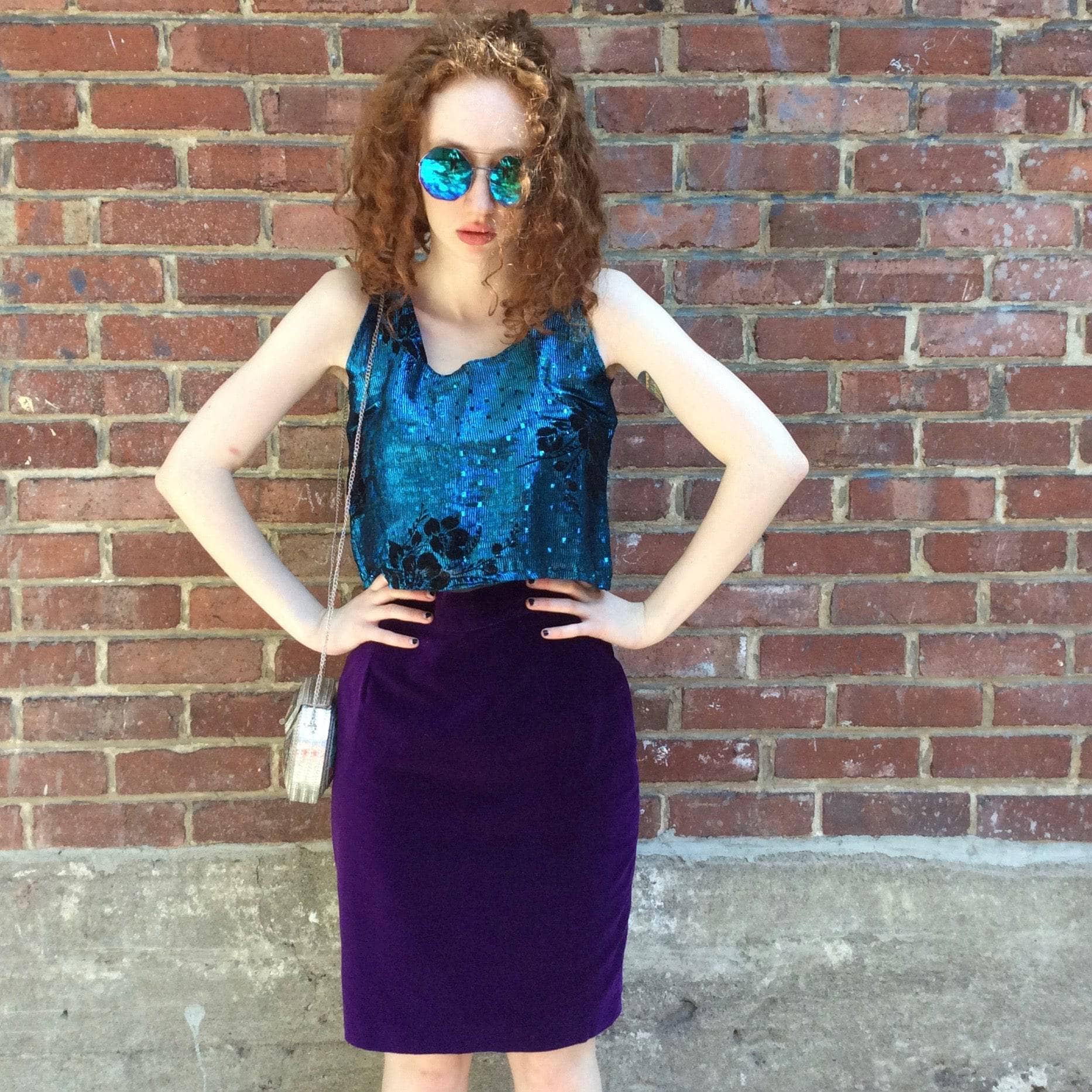 1980s "Le Château" High-waisted Purple Velvet Fitted Skirt, for sale at bohemevintage.com Montréal