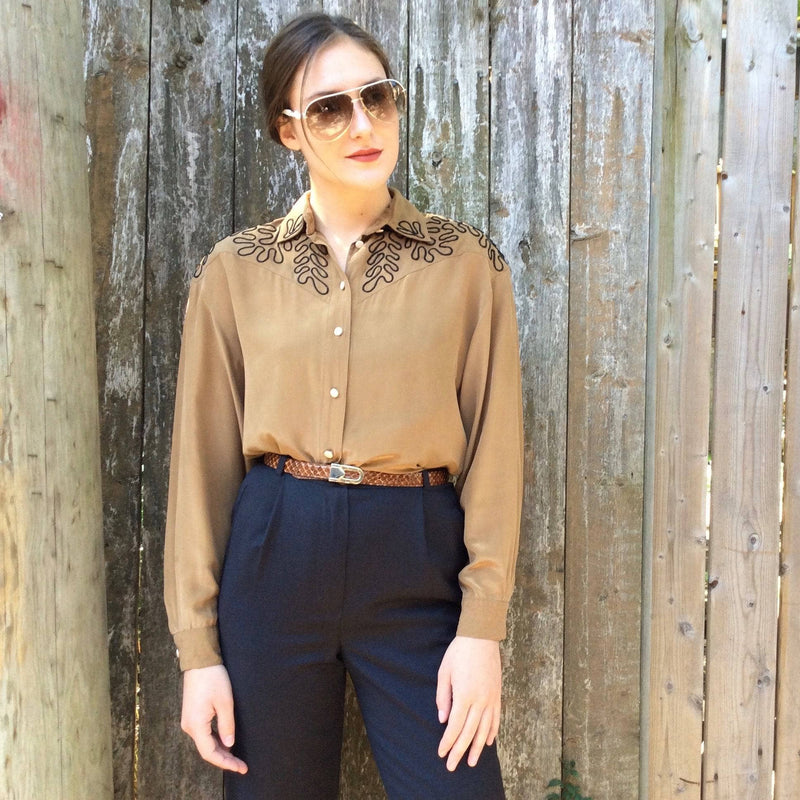 Light Brown Silk Blouse with detailing on the collar