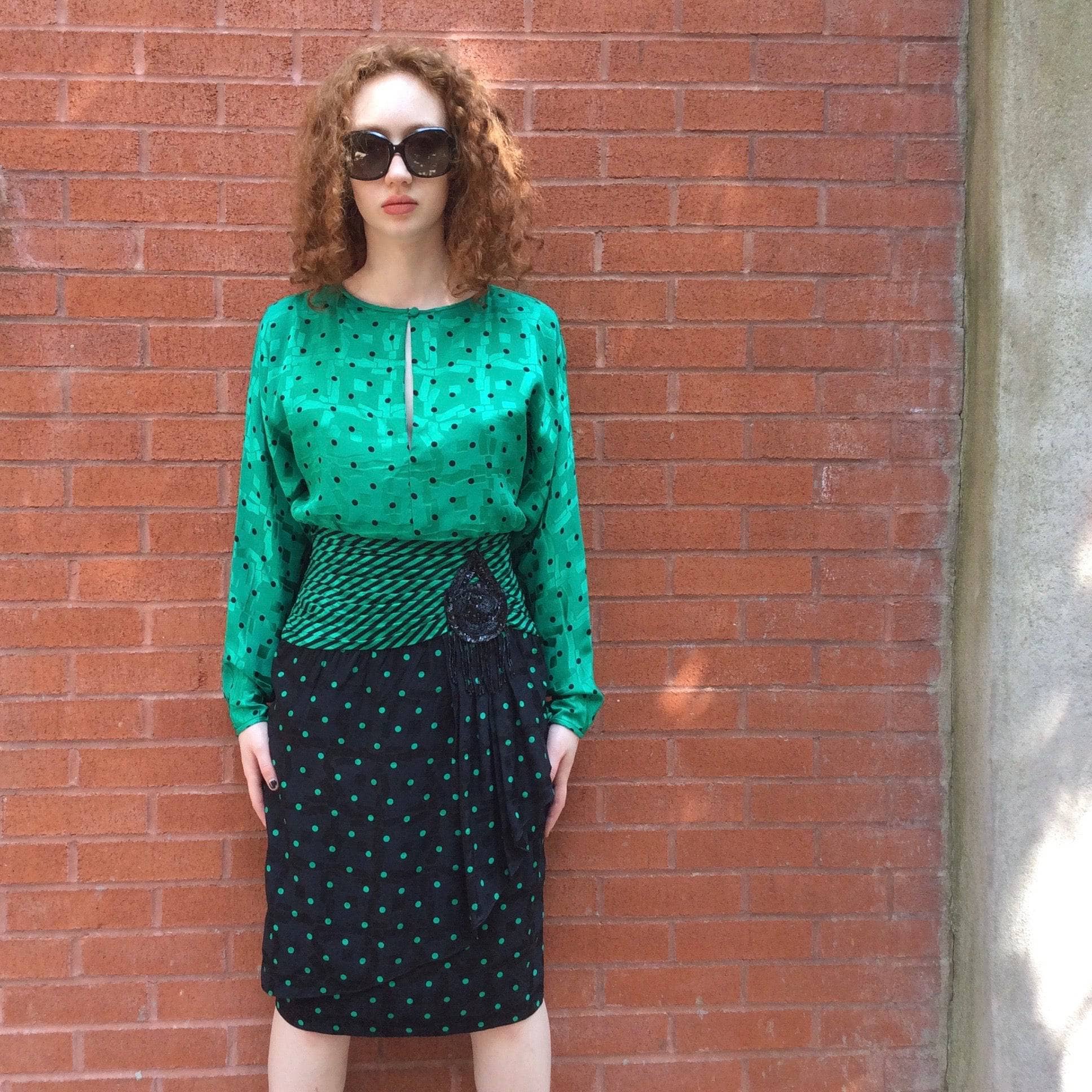 1980s Long-Sleeve Polka-Dot Draped Silk Dress, for sale at bohemevintage.com Montréal