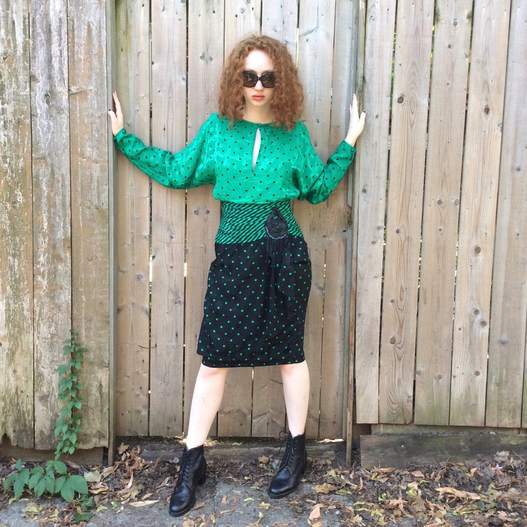 1980s Long-Sleeve Polka-Dot Draped Silk Dress, for sale at bohemevintage.com Montréal