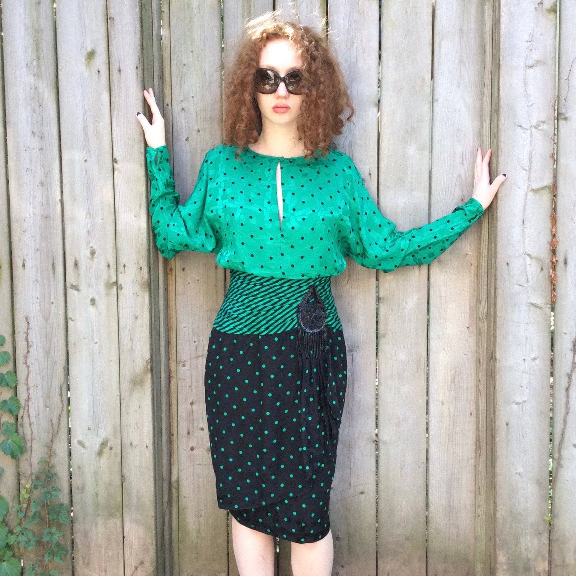 1980s Long-Sleeve Polka-Dot Draped Silk Dress, for sale at bohemevintage.com Montréal