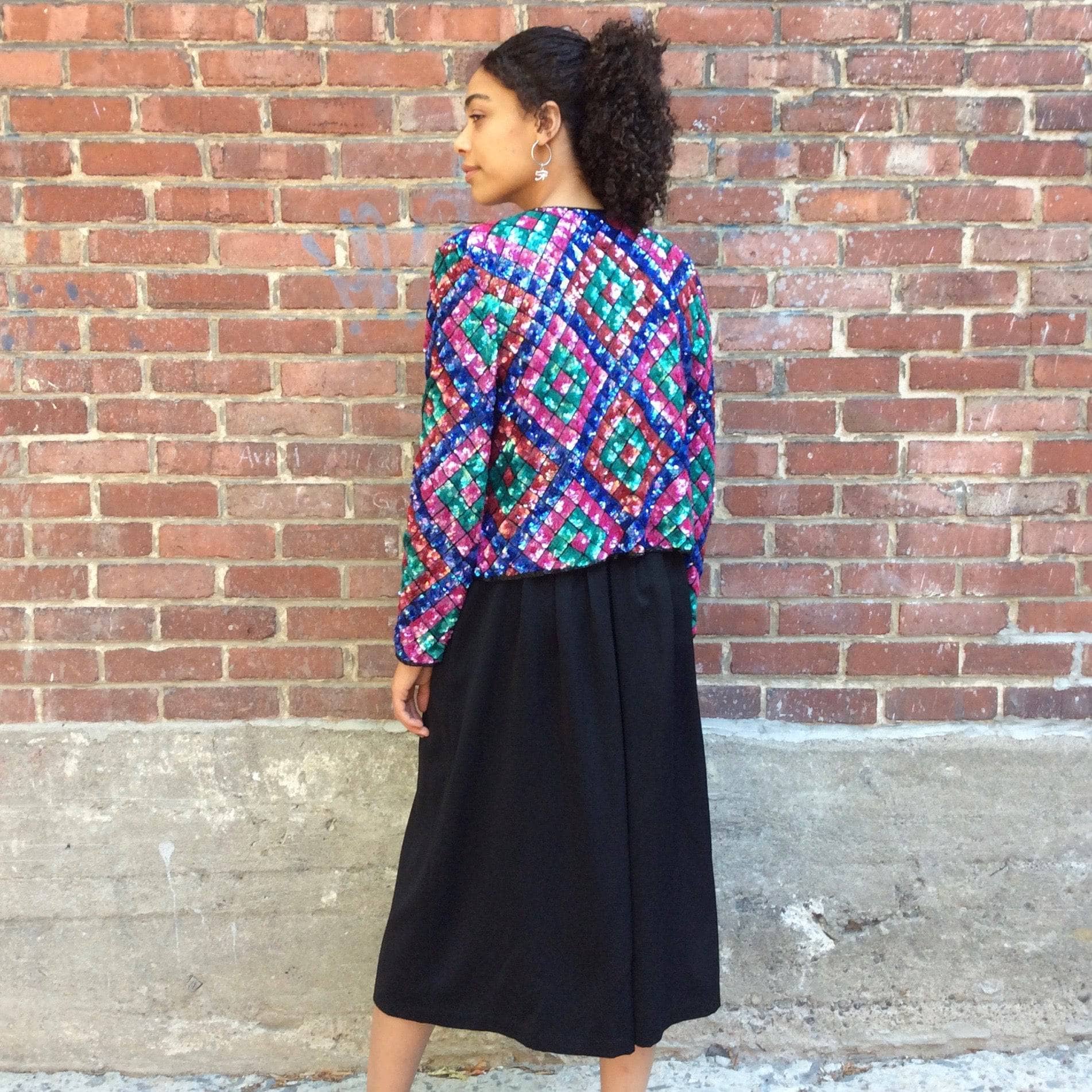 Back view of 1980s Nipon Night Multi-Coloured Sequin and Bead Short Jacket, for sale at bohemevintage.com Montréal