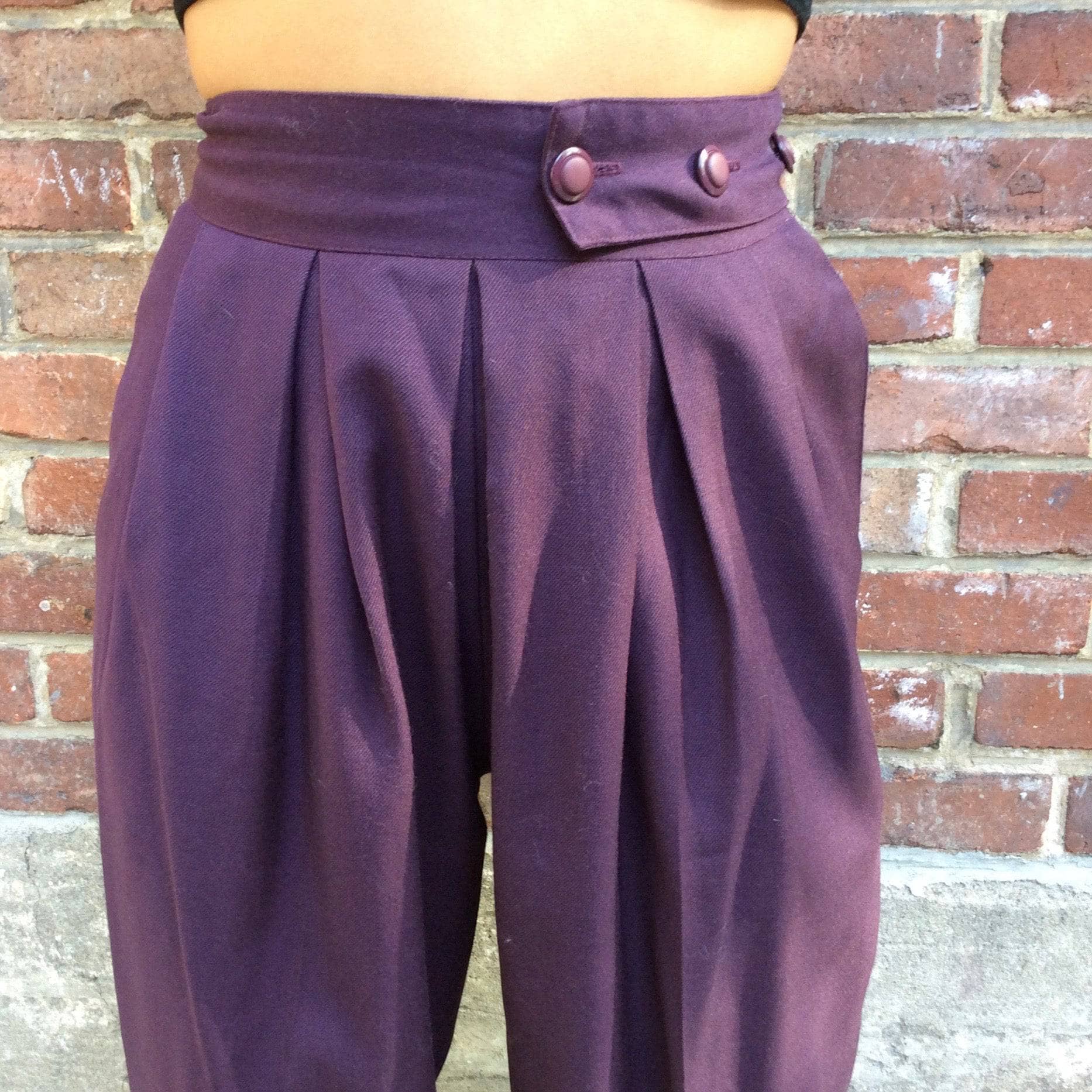 1980s High-Waisted Eggplant color Pleated Wool Pants