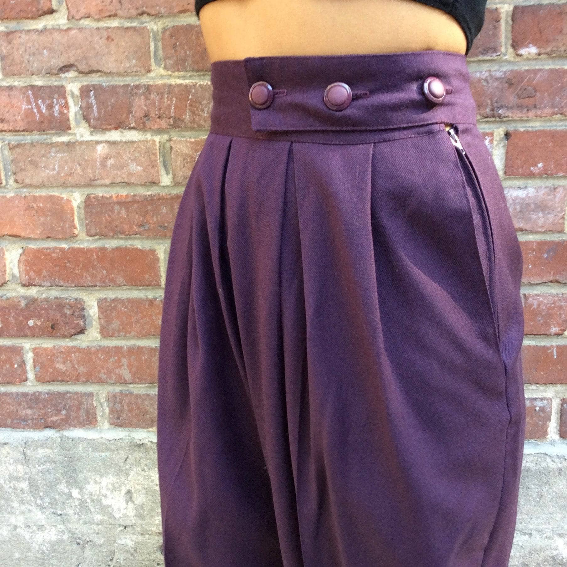1980s High-Waisted Eggplant color Pleated Wool Pants