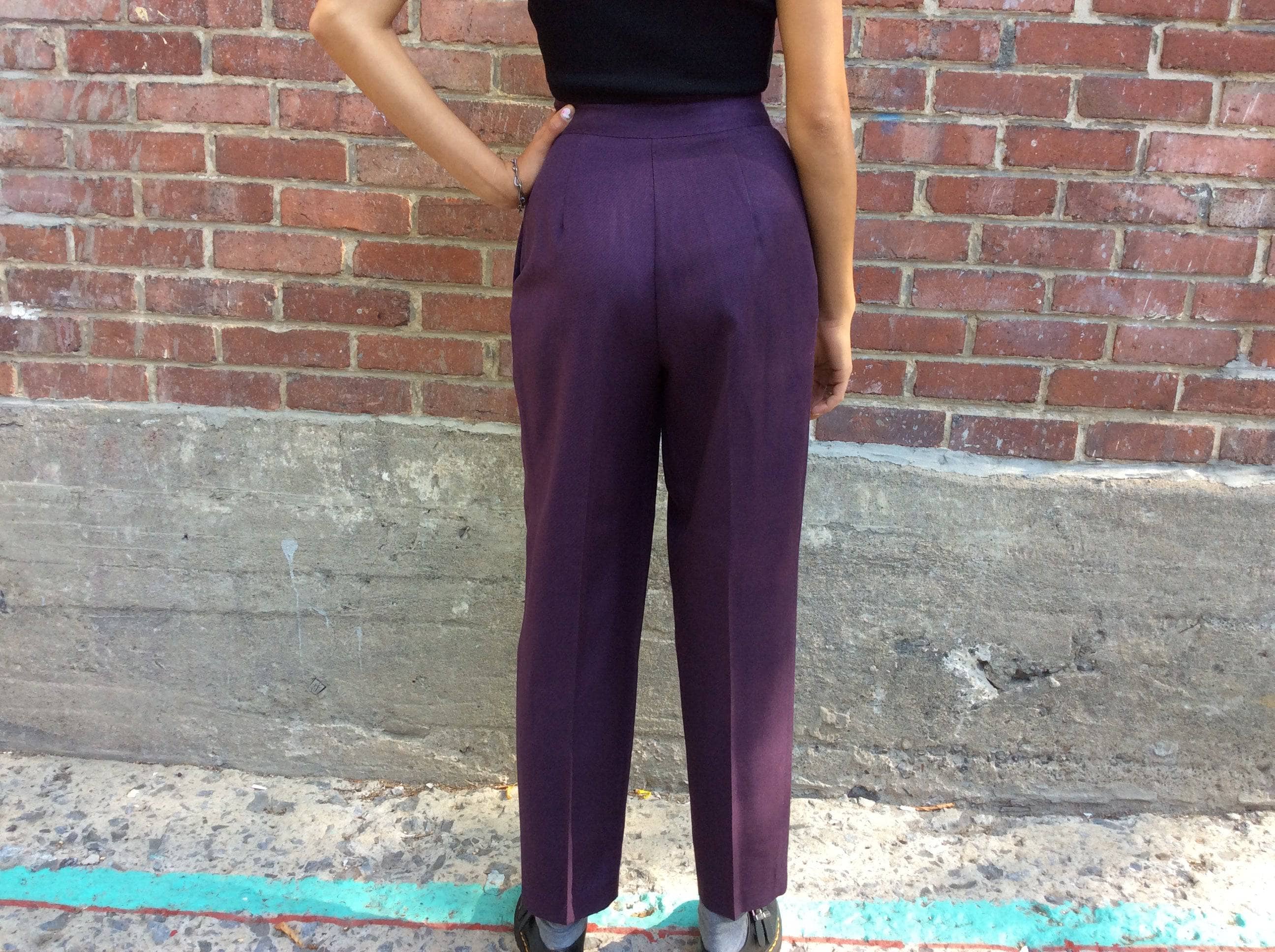 1980s High-Waisted Eggplant color Pleated Wool Pants